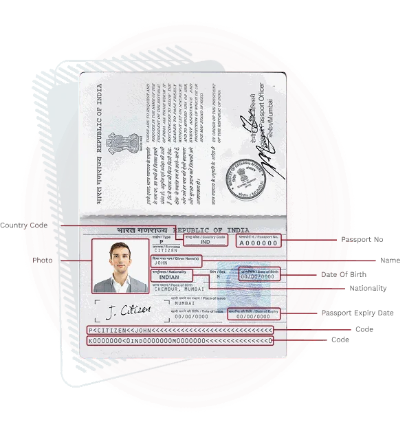 Annotated passport bio page showing the details required for a Dubai visa application