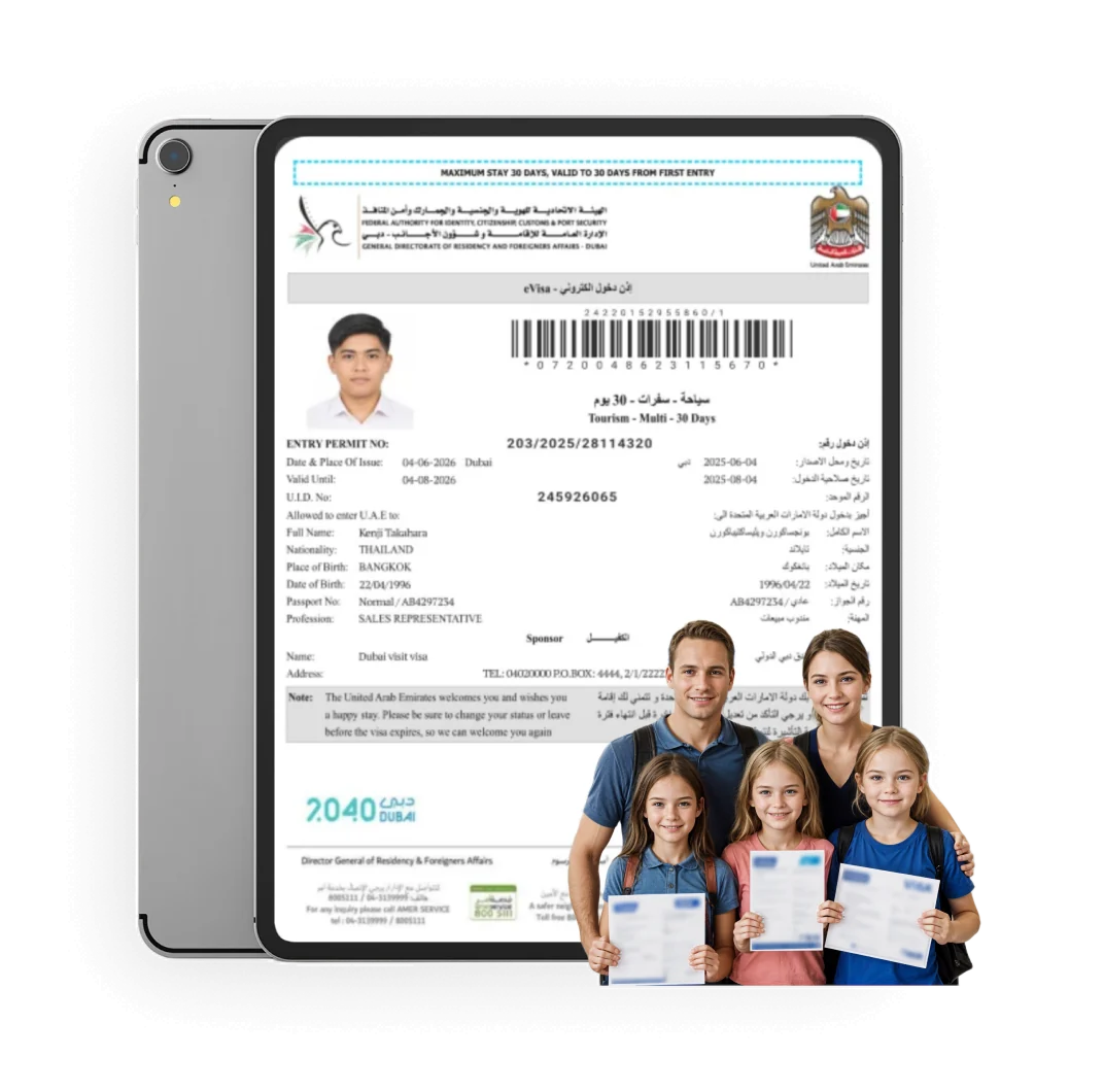 Sample Dubai e-visa shown on a tablet, held up by a family