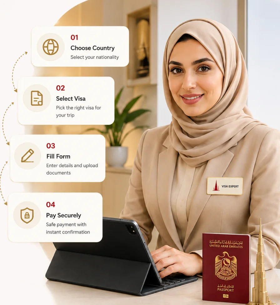 Visa expert guiding the four Dubai visa application steps: choose country, select visa, fill form and pay securely