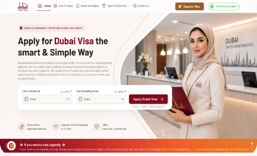 Dubai Visit Visa homepage with the citizenship and travelling-from country drop-downs