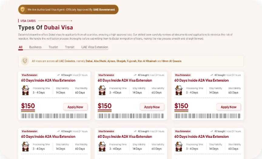 Types of Dubai visa cards with prices and apply-now buttons