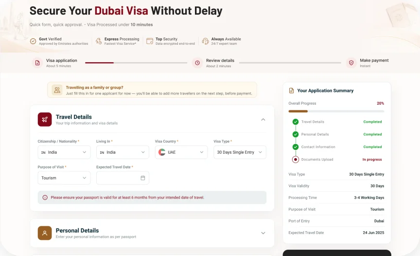 Dubai visa application form with travel details and application summary