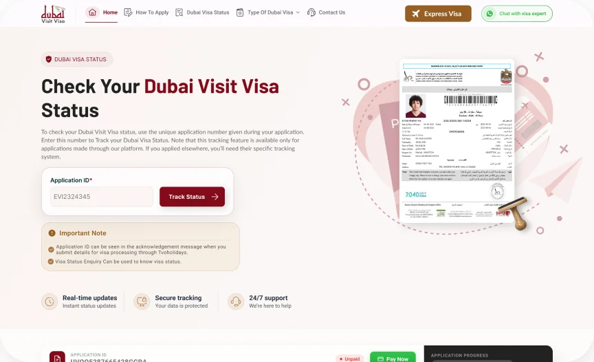 Dubai visit visa status page where the approved visa can be tracked and downloaded
