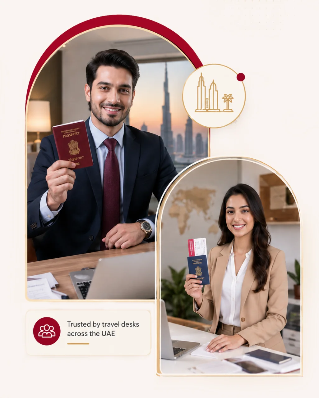Travel desk agents assisting clients with passports and Dubai visa documents