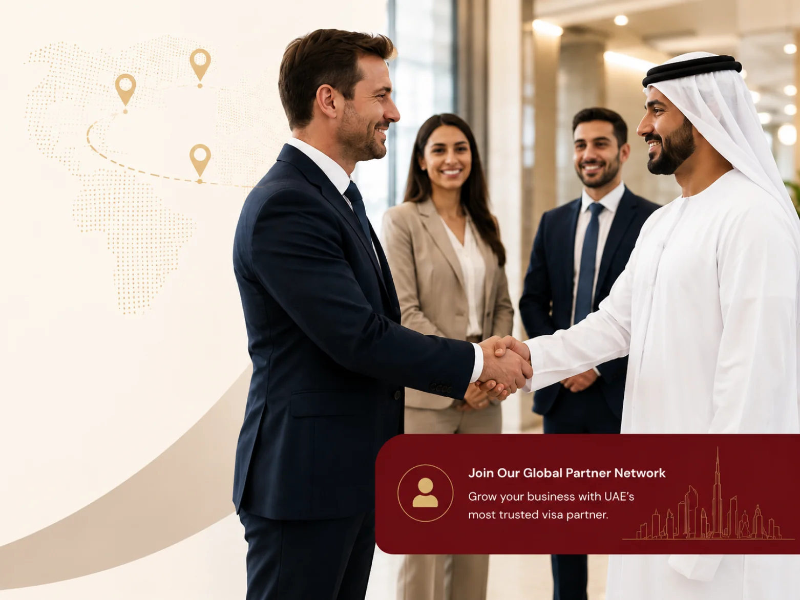 Business partners shaking hands in a Dubai office, joining our global visa partner network