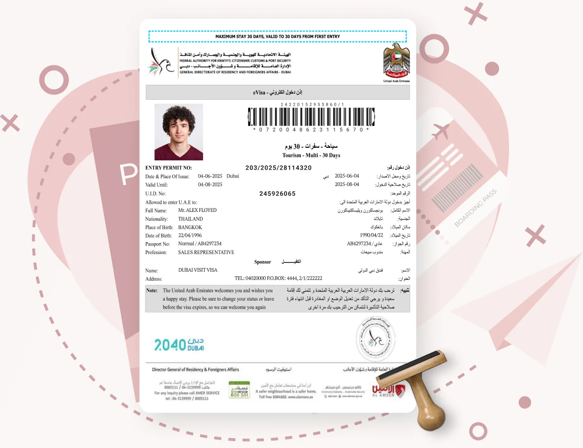 Sample Dubai e-visa document with approval stamp