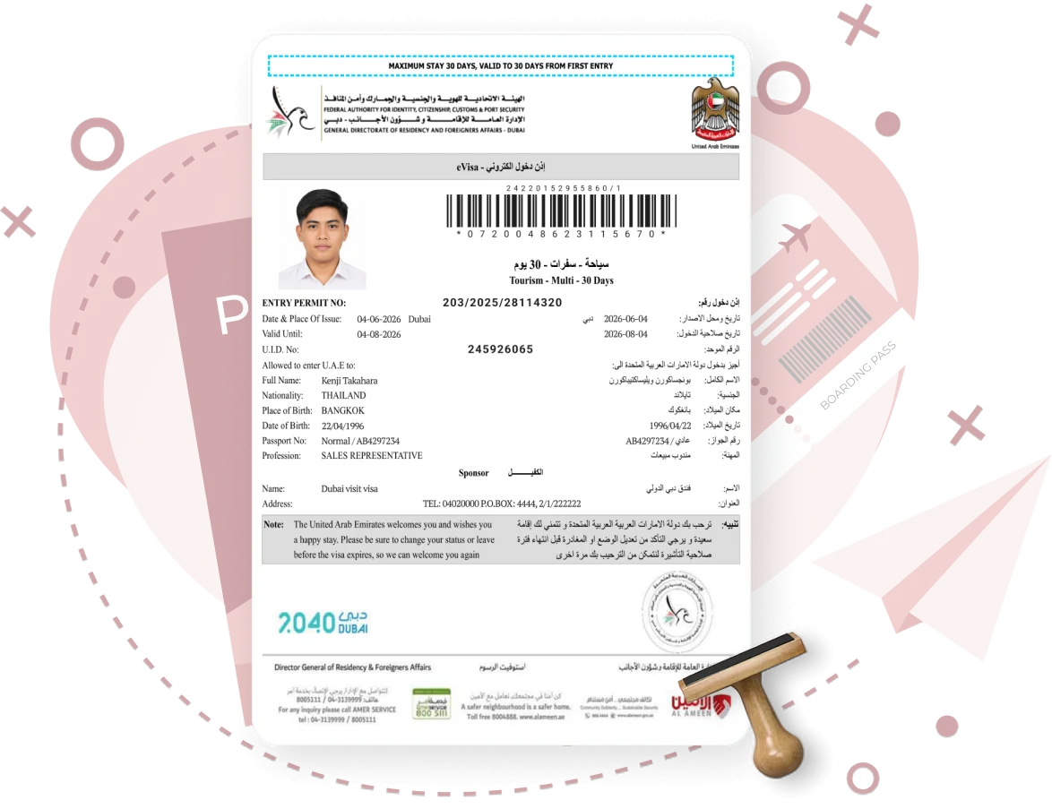 Sample Dubai e-visa document with approval stamp
